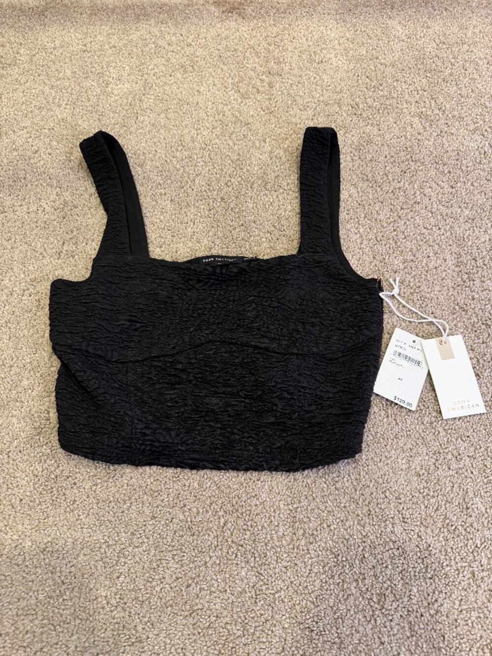 NWT Good American Scrunched Crop Tank Top Black XS Ruched Stretch